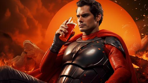 realistic image, henry cavil in orange super hero suit, drinking a soda, death star destroyed behind him --ar 16:9
