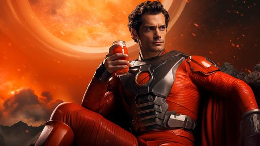 realistic image, henry cavil in orange super hero suit, drinking a soda, death star destroyed behind him --ar 16:9