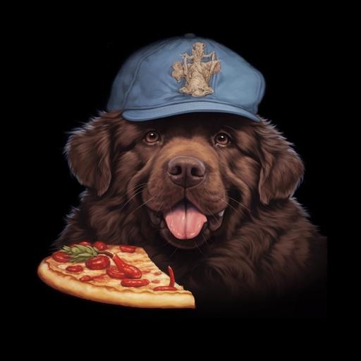 realistic image of a brown newfoundland dog, eating a piece of pizza and wearing a baseball cap