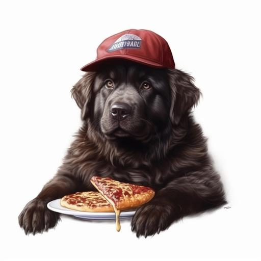 realistic image of a brown newfoundland dog, eating a piece of pizza and wearing a baseball cap