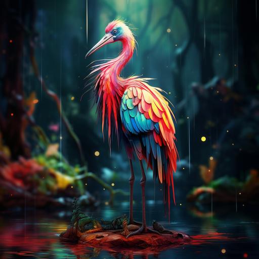 realistic image of a fantasy Bird with long legs. colors red, yellow, blue, green, tall bird like a flamingo. long feathers, long beak, standing in the rainforest. hunting. reality
