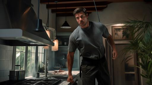 realistic image of a man with a gray polo-style shirt, gray cap and black cargo pants rappelling in the style of the movie Mission Impossible inside a luxurious kitchen in Palm Springs --ar 16:9