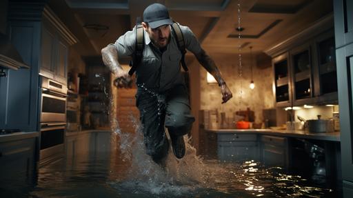 realistic image of a man with a gray polo-style shirt, gray cap and black cargo pants rappelling in the style of the movie Mission Impossible into a luxurious kitchen in Palm Springs flooded with water --ar 16:9