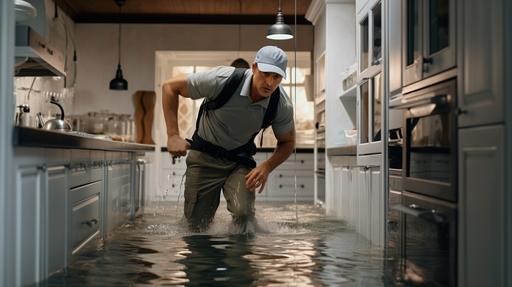 realistic image of a man with a gray polo-style shirt, gray cap and black cargo pants rappelling in the style of the movie Mission Impossible into a luxurious kitchen in Palm Springs flooded with water --ar 16:9