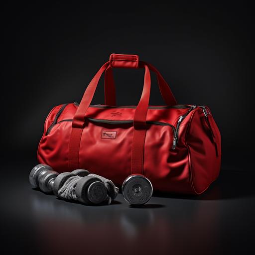 realistic image of a red gym bag with weights