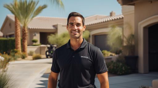 realistic image of a security camera installation technician with a black polo-style t-shirt, open arms talking to the camera, in the background are some houses of a villa in the coachella valley --ar 16:9