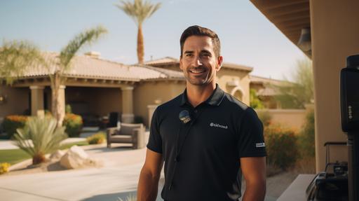 realistic image of a security camera installation technician with a black polo-style t-shirt, open arms talking to the camera, in the background are some houses of a villa in the coachella valley --ar 16:9