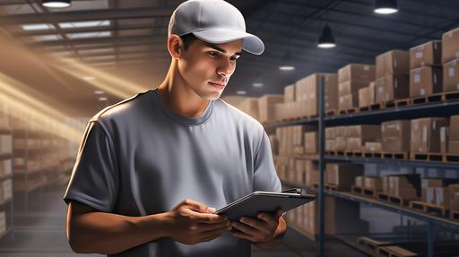 realistic image of a technician dressed in a gray polo shirt and gray cap, in his hands he has an ipad in a warehouse in palm springs --ar 16:9