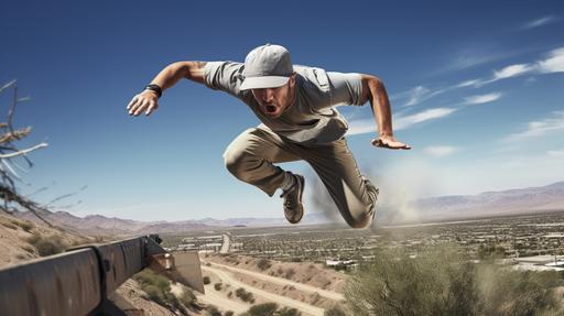 realistic image of a technician running and jumping obstacles in the style of an action movie dressed in a gray polo-style shirt and gray cap with the coachella valley behind him --ar 16:9