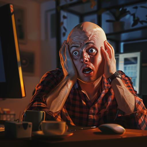 realistic image of a young bald guy that works as software development sweating and freaking out because he missed the deadline to deliver an application. He is on a zoom meeting with his customer.