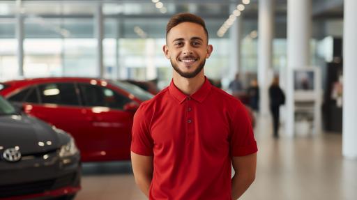 realistic image of a young person with a red polo style shirt in front of the camera talking in the background you can see the interior of a toyota car dealership --ar 16:9
