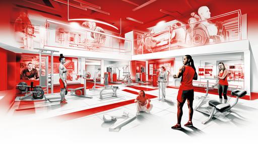 realistic image of graphic design for a gym where the main colors are white, red and black, with white being the color that dominates the most. Arts design for social media for a gym, in the arts people are shown doing exercises with texts as a call to action, people are shown doing exercises in the arts real images of people with red shirts --ar 16:9