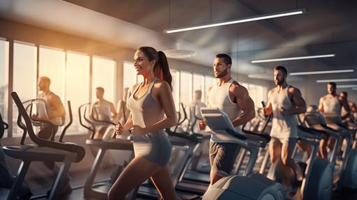 realistic image of group of people doing cardio in a gym enjoying cardio exercises, photorealistic image --ar 16:9