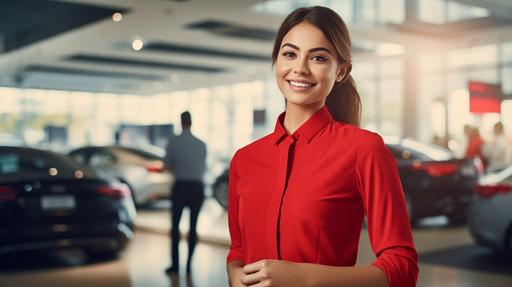 realistic image of young woman with red polo style shirt in front of camera talking in the background you can see the interior of a toyota car dealership --ar 16:9