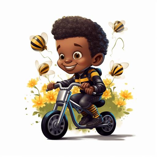 realistic images of a little black boy riding a bike cartoon image, with a Bumble bee cartoon smiling on bike 0% shading, thick lines, 0% details ar:91