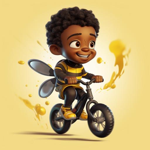 realistic images of a little black boy riding a bike cartoon image, with a Bumble bee cartoon smiling on bike 0% shading, thick lines, 0% details ar:91