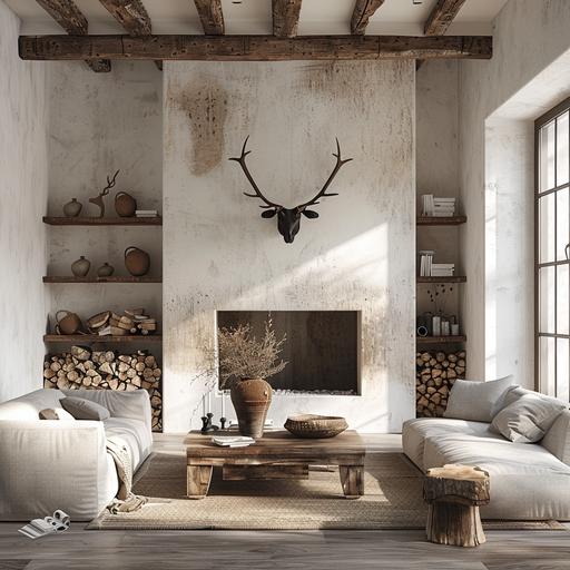 realistic interior photo, a bright and airy rustic interior, white walls and ceiling, recessed log storage, fireplace, expansive interior bathed in sunlight, rustic modern finish, West elm inspired furniture, bronze and white wash, deer head archaeopteryx wall statue, view of Uranus out window --v 6.0 --s 250
