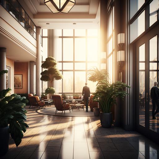 realistic interior rendering. no tilt shift. large hotel foyer. well dressed people. casual familys also. pot plants. tall ceiling. sunset. large window looking onto city