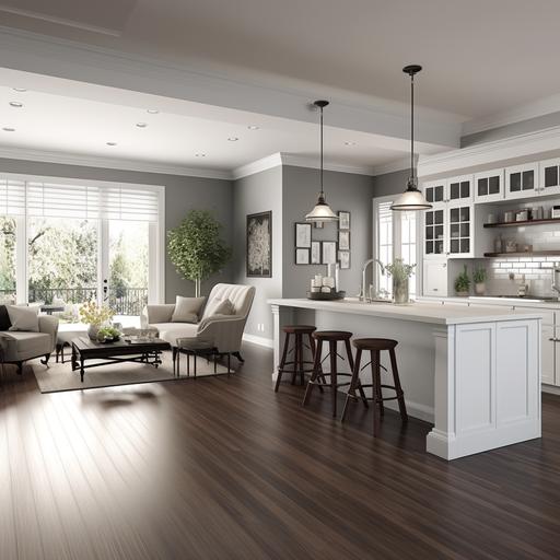realistic kitchen to living room with light gray walls, white trim and dark espresso hardwood floors