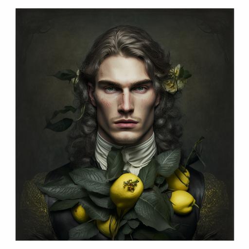 realistic lemon plant beautiful man with green eyes dark fairytale character portrait in Renaissance style, gloomy, misty forest, lush clouds, citrus flowers --q 2