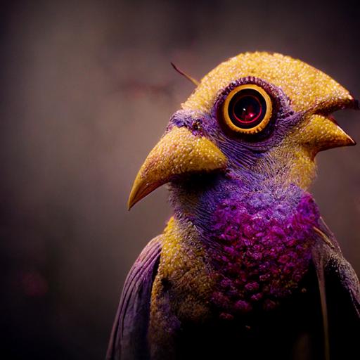 realistic lilac colored bird with red eyes, yellow beak, erect feathers. Cinematic lighting