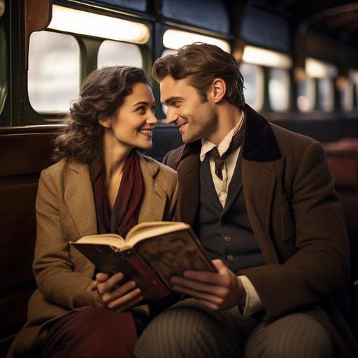 realistic looking photo high definition of a man and woman sitting across from each other on a train, sweetly smiling at each other, man is a handsome brunette man in his thirties, man is wearing a long peacoat and dressed nicely, he is sitting on a train and in his hands he is holding a book with a an arrow on the book cover, across the aisle from him is a beautiful woman with long brown hair in her twenties or thirties, dressed nicely, woman is also reading the same book with an arrow on the cover, both man and woman are smiling sweetly at each other from across the aisle