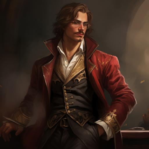 realistic male human, long brown hair, pointed mustache:: wearing glasses, a fancy red buttoned robe with gold trim, tan leather pants, white gloves, and black leather boots, carrying a scroll