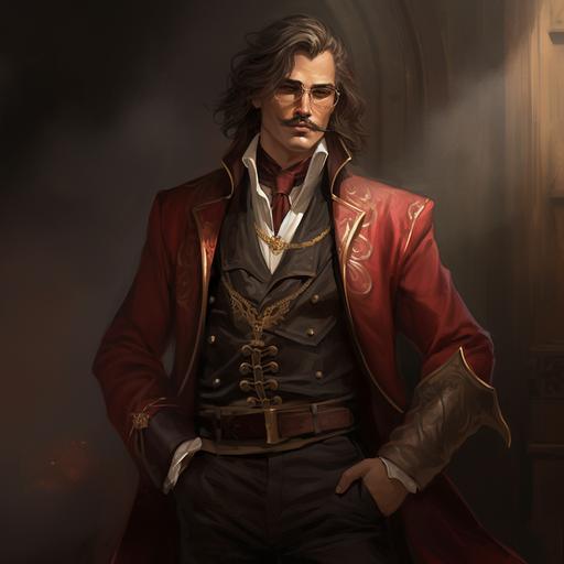 realistic male human, long brown hair, pointed mustache:: wearing glasses, a fancy red buttoned robe with gold trim, tan leather pants, white gloves, and black leather boots, carrying a scroll