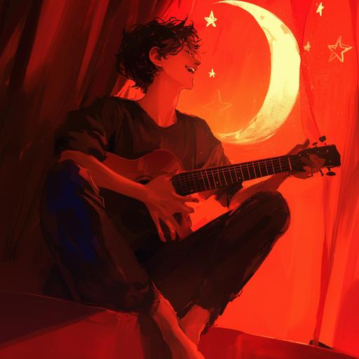 realistic man, raw style, playing guitar, red colors in different shades, stars, moon gazing with light, happiness --niji 6