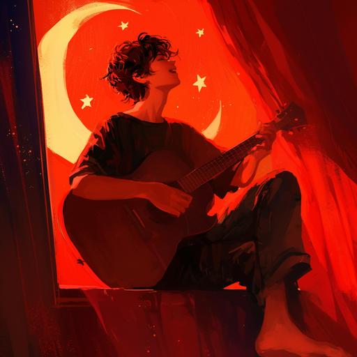 realistic man, raw style, playing guitar, red colors in different shades, stars, moon gazing with light, happiness --niji 6