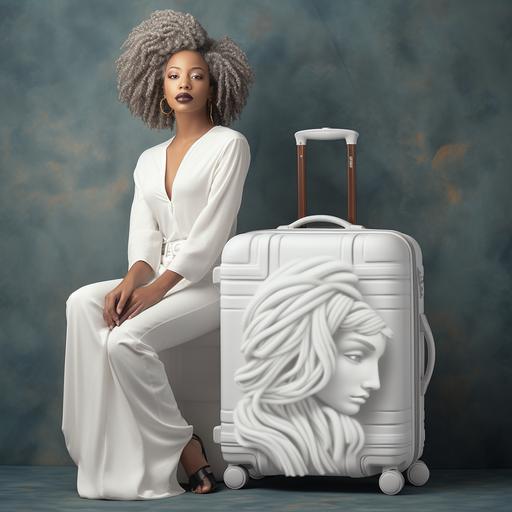 realistic mockup image dark black woman with locs who is ready to travel with her all white suitcases