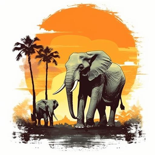 realistic mother elephant and baby elephant walking in line, the baby elephant is holding the mama elephant tail with his trunk, in a pasture with palms, yellow sunrise morning fog, new wave style