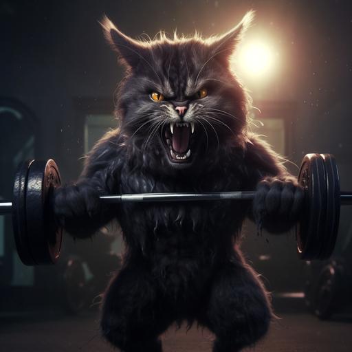 realistic muscular black magic angry cat lifting weights in the gym