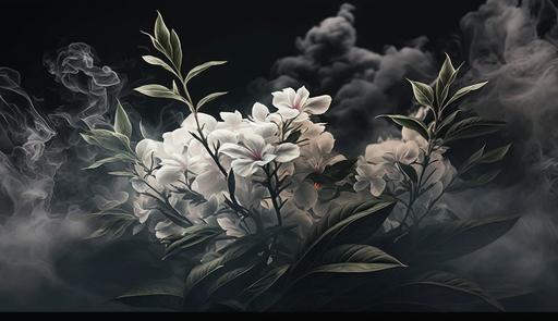 realistic mysterious background illustration of a border full of a lot of white oleander flowers and black smoke in style of vintage 80's sci-fi --ar 7:4