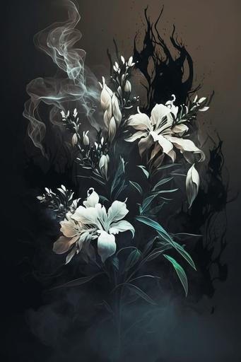 realistic mysterious background illustration of white oleander flowers and black smoke in style of vintage 80's sci-fi --ar 2:3