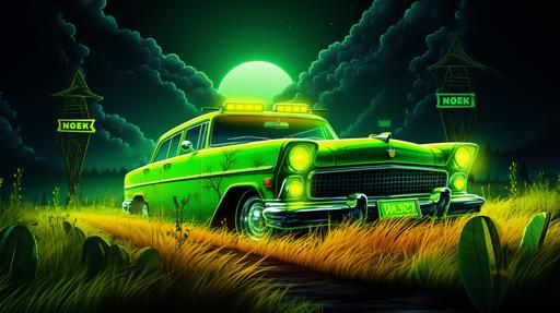 realistic neon style, day light, in the fields, cartoon, podcast logo, taxi green car, big microfone, money, bitcoin, forex, green graphics microfone, stock broke´s elements, landscape, far looking, wide angle, --ar 55:31