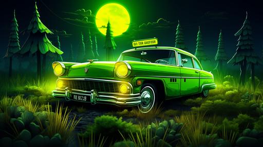 realistic neon style, day light, in the fields, cartoon, podcast logo, taxi green car, big microfone, money, bitcoin, forex, green graphics microfone, stock broke´s elements, landscape, far looking, wide angle, --ar 55:31