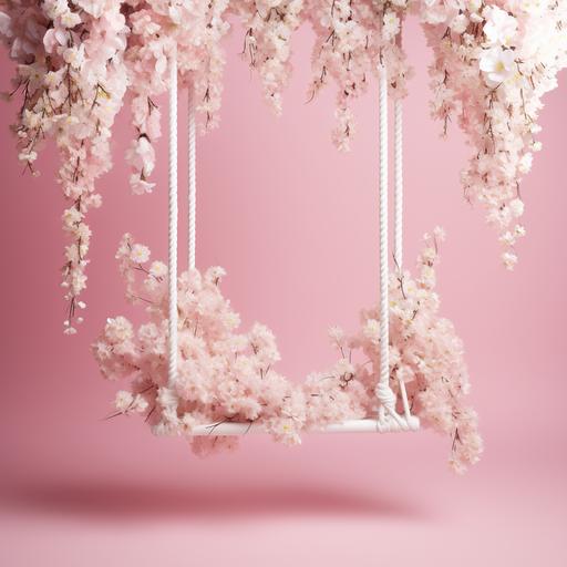 realistic newborn backdrop light pink swing hanging from a thin rope with pink flokati and white flowers hanging pink backdrop ultra sharp high resolution