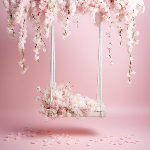 realistic newborn backdrop light pink swing hanging from a thin rope with pink flokati and white flowers hanging pink backdrop ultra sharp high resolution