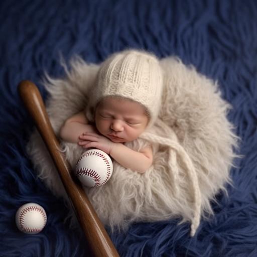 realistic newborn round prop, baseball and bat, beige flokati, no baby, on a blue backdrop, no baby inside, empty, baseball-- ar 57:38