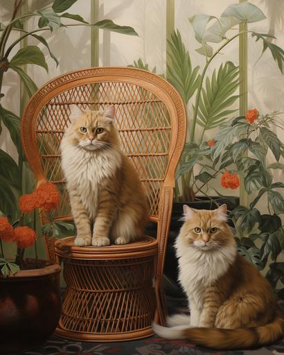 realistic oil painting of handsome Persian cats with 80s rattan furnitures and pots of exotic flora and fauna, minimal male figures --ar 4:5 --stylize 200 --v 5.2