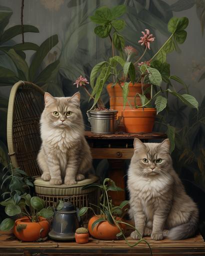 realistic oil painting of handsome Persian cats with 80s rattan furnitures and pots of exotic flora and fauna, minimal male figures --ar 4:5 --stylize 200 --v 5.2