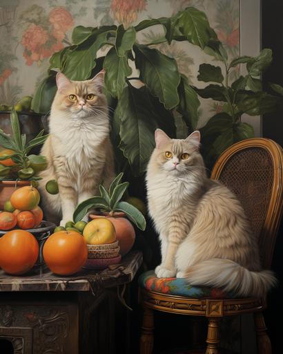 realistic oil painting of handsome Persian cats with 80s rattan furnitures and pots of exotic flora and fauna, minimal male figures --ar 4:5 --stylize 200 --v 5.2