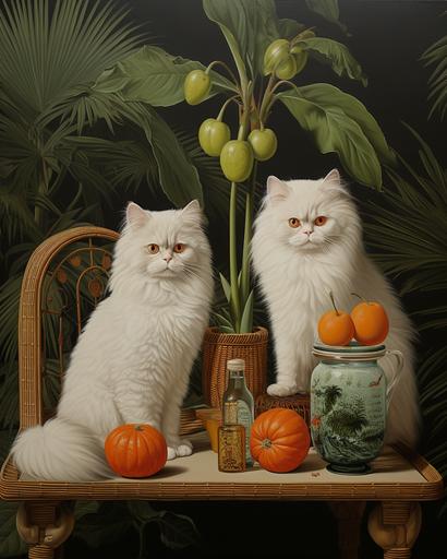 realistic oil painting of handsome Persian cats with 80s rattan furnitures and pots of exotic flora and fauna, minimal male figures --ar 4:5 --stylize 200 --v 5.2