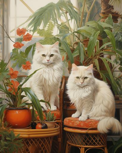 realistic oil painting of handsome Persian cats with 80s rattan furnitures and pots of exotic flora and fauna, minimal male figures --ar 4:5 --stylize 200 --v 5.2