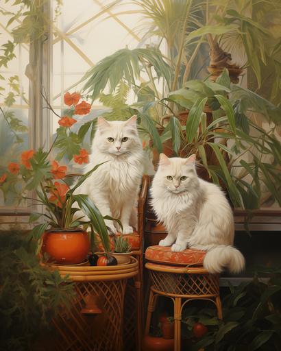 realistic oil painting of handsome Persian cats with 80s rattan furnitures and pots of exotic flora and fauna, minimal male figures --ar 4:5 --stylize 200 --v 5.2
