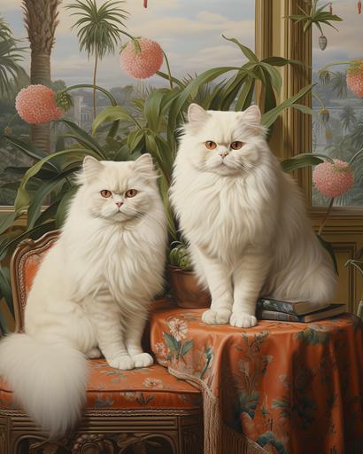 realistic oil painting of handsome Persian cats with 80s rattan furnitures and pots of exotic flora and fauna, minimal male figures --ar 4:5 --stylize 200 --v 5.2