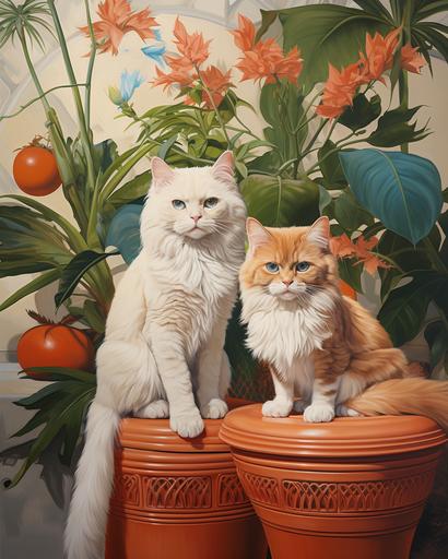 realistic oil painting of handsome Persian cats with 80s rattan furnitures and pots of exotic flora and fauna, minimal male figures --ar 4:5 --stylize 200 --v 5.2