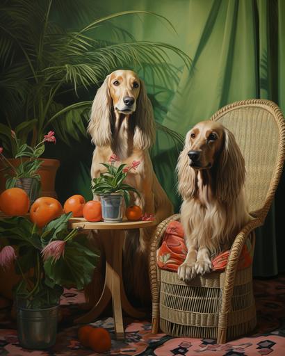 realistic oil painting of handsome afghanhounds with 80s rattan furnitures and pots of exotic flora and fauna, minimal male figures --ar 4:5 --stylize 200 --v 5.2