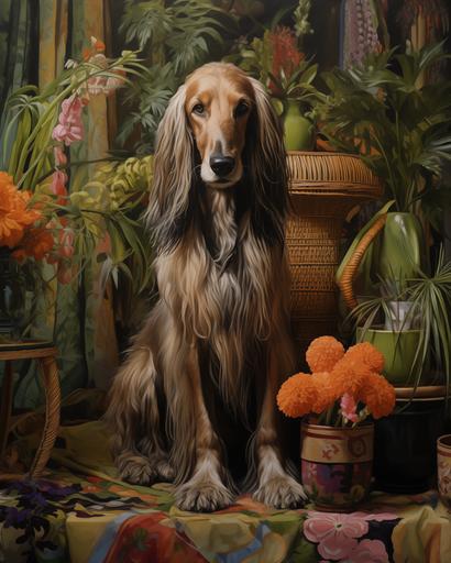 realistic oil painting of handsome afghanhounds with 80s rattan furnitures and pots of exotic flora and fauna, minimal male figures --ar 4:5 --stylize 200 --v 5.2